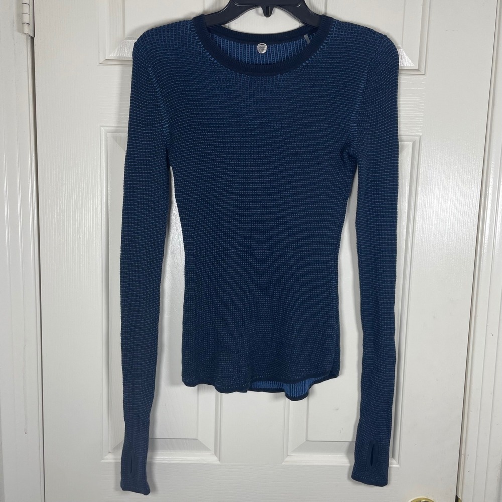 Margaret O'Leary Womens Blue Waffle Knit Cotton Crewneck Thumbhole Sweater Small - Picture 2 of 7